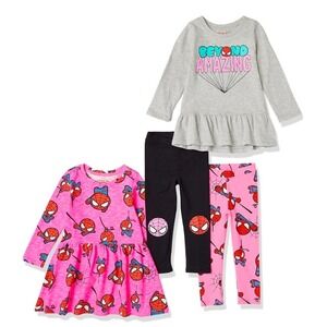 Marvel Spiderman 4 Piece Set Girls Size Medium Leggings L/S Top Dress NWOT